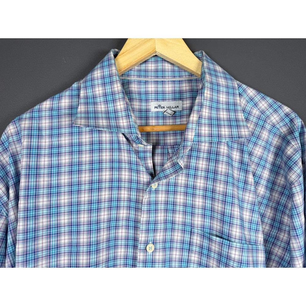 Peter Millar Mens XXL Blue Purple Plaid Long Sleeve Stretch Cotton Button Shirt